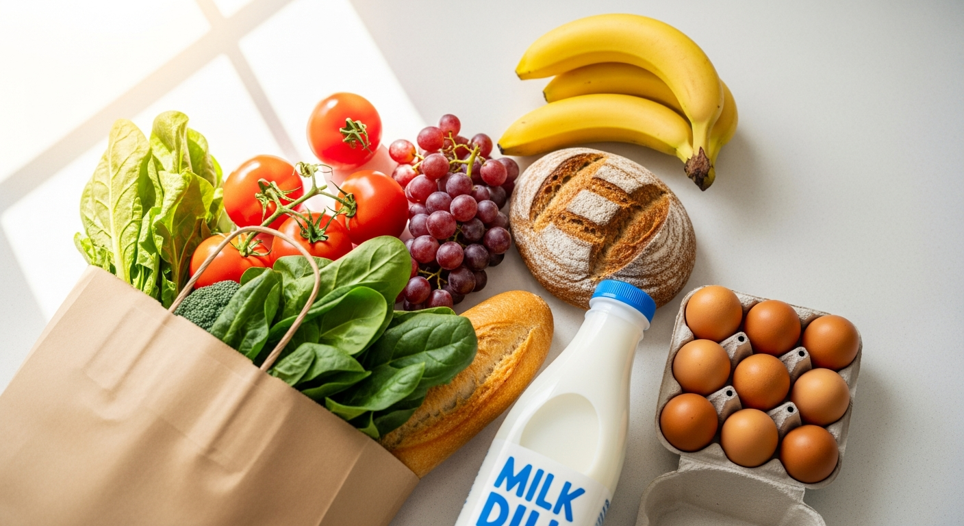 Fresh groceries spilling from a paper bag — produce, bread, eggs, milk and fruit